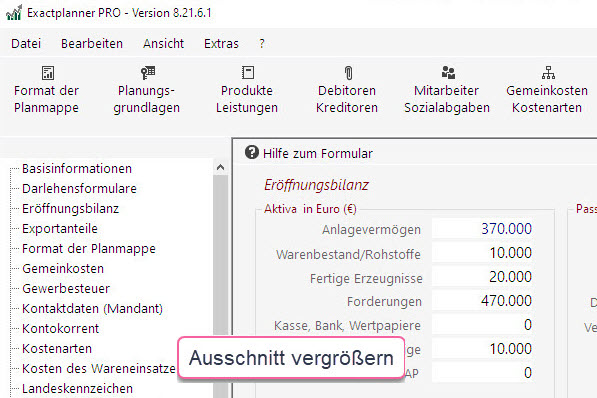 Planungssoftware: Eröffnungsbilanz